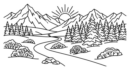Fototapeta premium Mountain Landscape Illustration with Pine Trees, River, and Sun