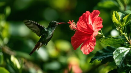 Fototapeta premium Vibrant Hummingbird Hovering Near Bright Red Hibiscus Flower Surrounded by Lush Green Foliage in a Tropical Garden Setting