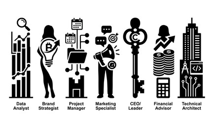 Naklejka premium Business Professionals Collaborating in a Modern Office Environment - Illustration of Key Roles and Skills