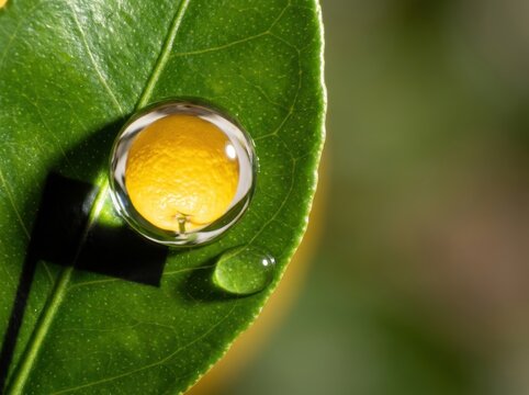 Leaf macro with water droplet and citrus reflection in sunlight