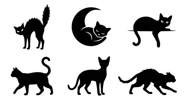 Black cat silhouettes set of 6 icons, spooky feline shapes for Halloween, mystical kitten silhouettes with moon and arched back isolated PNG with Transparent Background Halloween