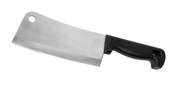 Used old heavy duty stainless steel meat cleaver stains and wear with durable black ergonomic handle angled for chopping meat bones and vegetables in kitchen isolated on transparent or png file.