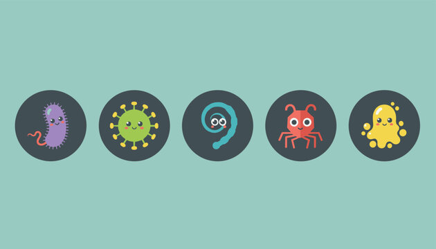 Circular badges displaying five adorable cartoon microbes including bacteria, a virus, a worm, a parasite, and an amoeba.