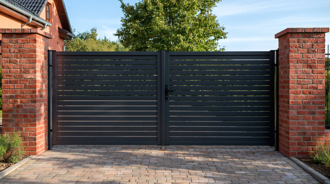 Modern Entrance Gate: A sleek, dark metal automatic gate stands between two brick pillars, leading into a private property, signifying security and modern design.