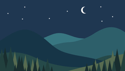 Fototapeta premium Beautiful night mountain landscape with dark green pine trees forest, rolling hills, and a crescent moon with stars in the dark sky.