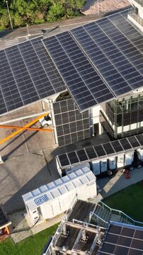 Solar Energy Research Facility with Rooftop and Ground-Mounted Photovoltaic Panels in Florian&oacute;polis, Brazil. Aerial View.