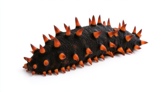 Exotic Spiky Sea Cucumber with Orange Papillae Isolated on White Background