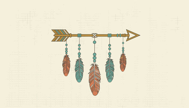 Stylized vintage native American arrow decorated with colorful hanging feathers and beads on a textured cream background.