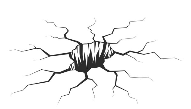 Bold black and white vector illustration of a dramatic crack, fracture, or hole in the ground with spreading fissures.