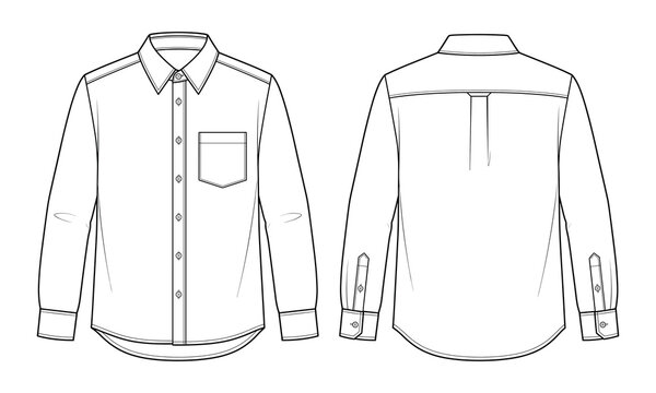 men long sleeve dress shirt vector technical flat sketch, front and back view, button up collar, pocket, fashion template, linear outline
