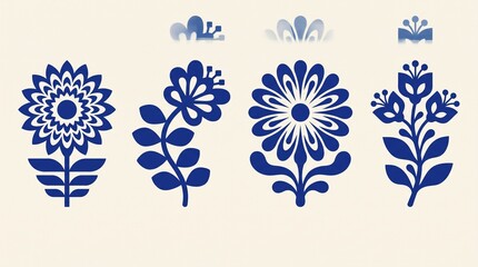 Mid-century modern floral vector set with blue botanical shapes on a cream background. © Designcity32