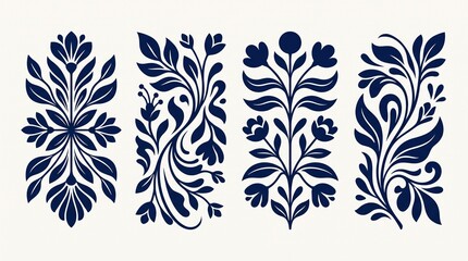 Set of four navy blue botanical floral motifs and decorative vintage leaf ornaments © Designcity32