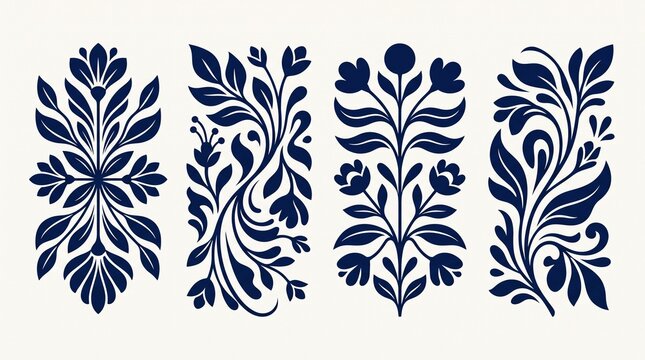 Set of four navy blue botanical floral motifs and decorative vintage leaf ornaments