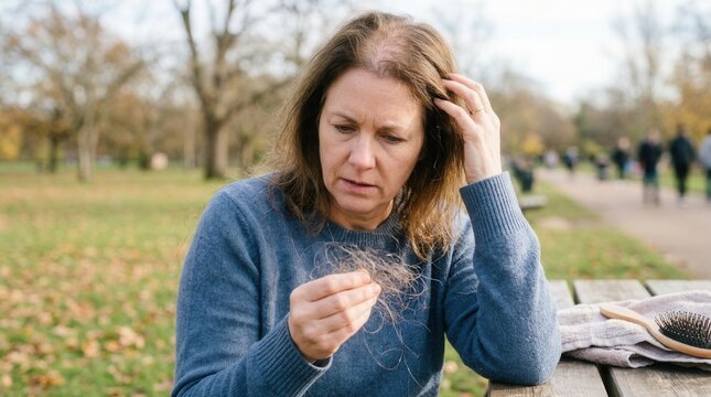 Woman Experiencing Hair Loss Concerns While Sitting Outdoors At A Table