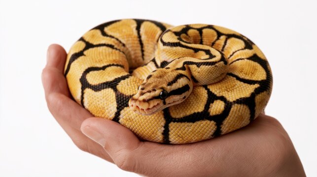 Spider Ball Python Morph Coiled in Human Hand Isolated on White Background