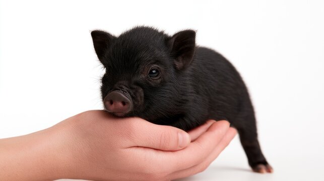 Cute baby black mini piglet being held in a human hand on a white background