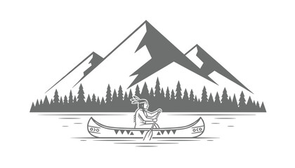 Fototapeta premium Minimalist black and white landscape design of a canoeist paddling on a peaceful lake with pine forest and majestic mountains.