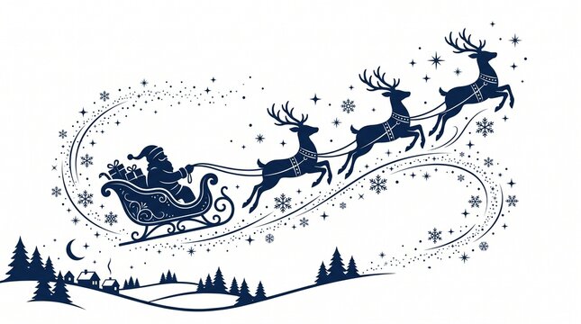 Santa Claus flying in sleigh with reindeer silhouette on winter night background