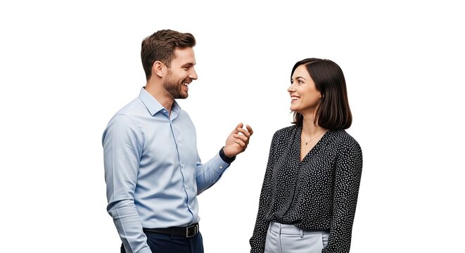 A man and a woman are engaged in a friendly conversation. They are smiling and looking at each other with interest.