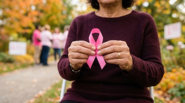 Woman Holding Pink Ribbon Symbolizing Breast Cancer Awareness