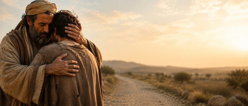 A man in period clothing embraces his prodigal son, expressing emotional support and reconciliation against a deserted landscape beneath a warm banner. The Return of the Prodigal Son. Banner format.