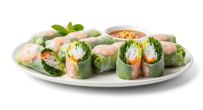 A white plate displays a selection of fresh spring rolls. The rolls are wrapped in rice paper and filled with shrimp, rice vermicelli, herbs, and vegetables.