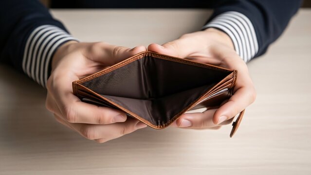 Man holding empty wallet on table