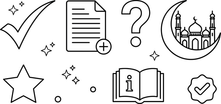 Islamic information and religious guide icon set with mosque crescent moon book checkmark question mark and star elements