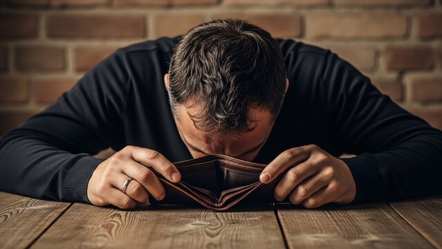 Man struggling with empty wallet and financial stress