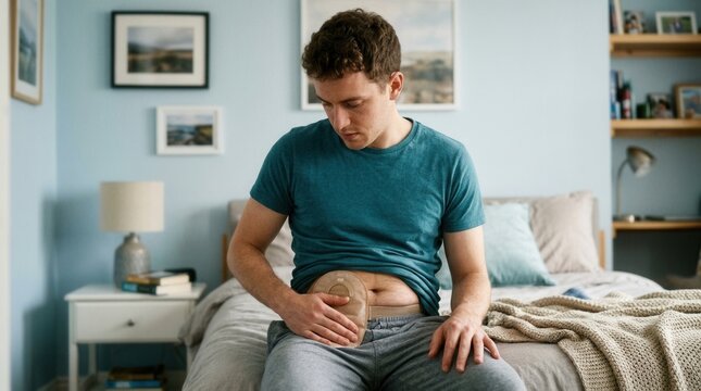 Young Man With Ostomy Bag In Bedroom Setting