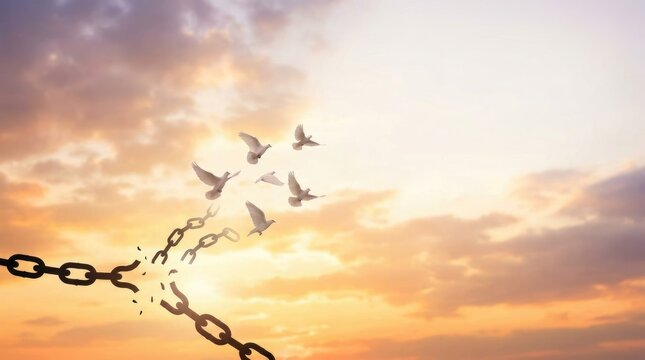 Several birds break free from a shattered chain against a vibrant sunset sky. The birds are soaring upwards, symbolizing liberation and freedom.