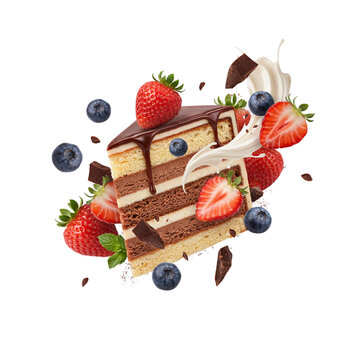 Floating slice of layered chocolate and cream sponge cake with fresh strawberries, blueberries, and cream splash