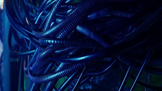 Wires and cables are shown wrapped together in a dimly lit space. The scene conveys a mix of colors and textures that highlight the complexity of the arrangement.