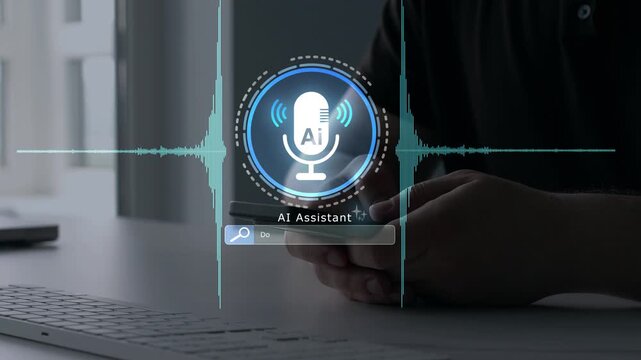 AI assistant voice chat interface.Person interacting through microphone with AI voice chat. Digital communication, speech recognition, and smart technology enabling natural conversation.	
