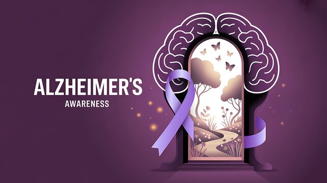 Alzheimer's awareness concept with purple ribbon and brain