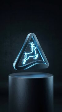 Glowing blue neon deer symbol in metal triangle frame floating above dark pedestal. Modern christmas reindeer icon with light effect. Futuristic holiday decoration and new year design concept.