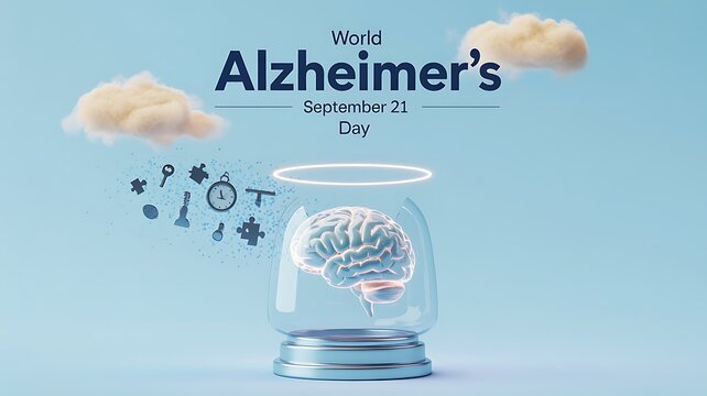World alzheimer day banner with human brain in glass jar