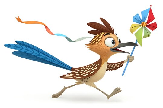 Cartoon bird running with colorful kite in tailwind