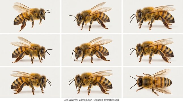 Honey bee morphology scientific reference grid, Apis mellifera insect study collection, biological anatomy chart of nine bees