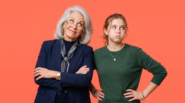 Smirking grandmother and annoyed teenage granddaughter on orange background.