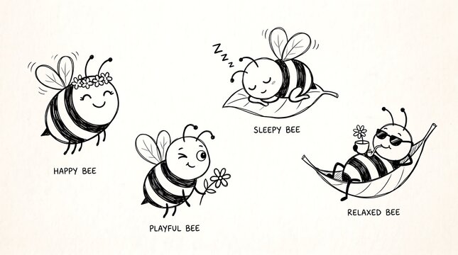 Hand-drawn bumblebee character set, cute honey bee sketches in 4 poses, whimsical black and white insect illustrations for kids