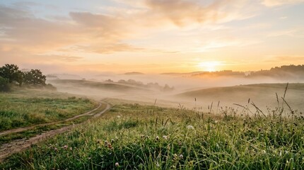 Obraz premium The sun rises over a misty landscape, illuminating a grassy field with wildflowers. A dirt path winds through the meadow, leading towards distant hills.