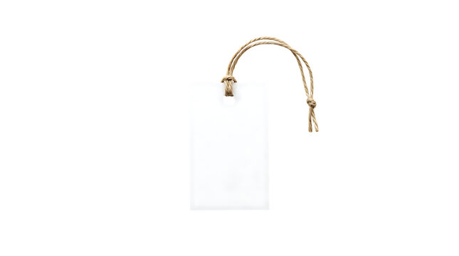 A blank white rectangular paper price tag with a rustic twine string loop for retail product labeling isolated on transparent background