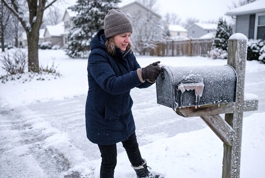 A woman stands outside on a snowy day in winter, opening her mailbox. Snow coats the ground and the mailbox, showing the cold weather in a neighborhood