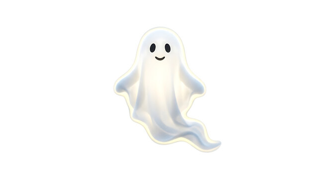 A cute friendly white ghost character with a happy face floating in the air isolated on transparent background