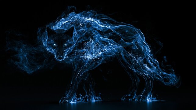 Full body majestic blue energy wolf formed of swirling smoke and glowing particles on a dark background