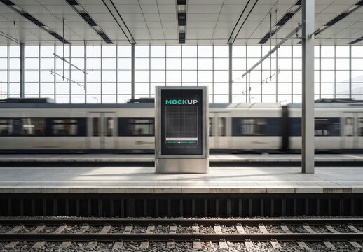 Advertising Display Sign in Train Station Mockup from Far