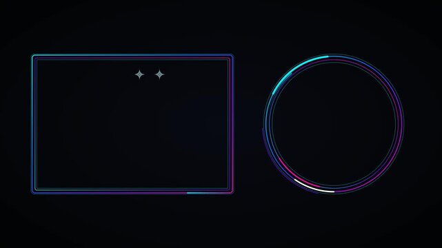 Neon glowing rectangular and circular frames with colorful light lines on a dark background