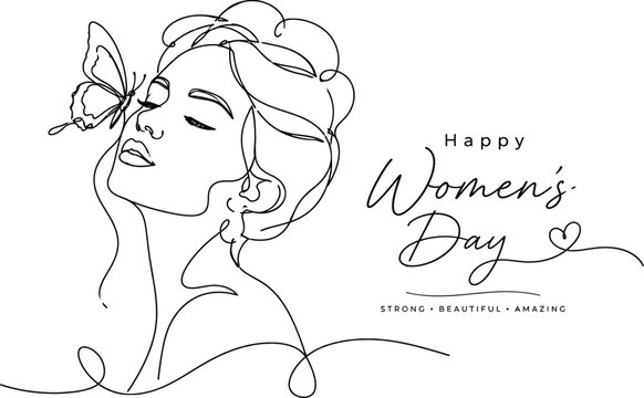 Line art illustration depicts a woman s face with a butterfly celebrating women s day