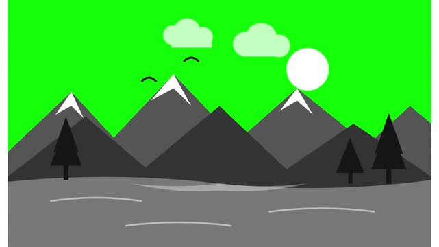 Animated mountain landscape vector motion footage displaying shifting clouds and moving sun set against a vibrant green sky background scene